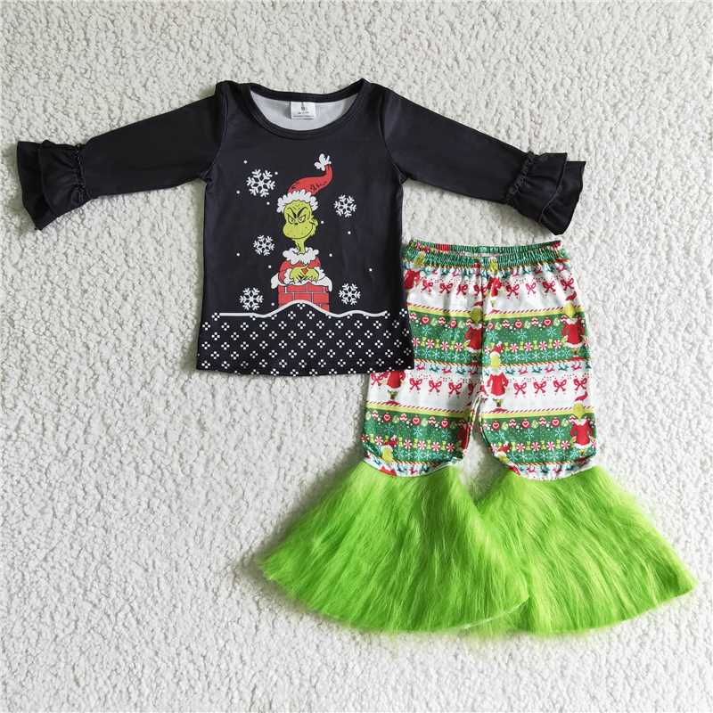 RTS NO MOQ GLP0151 Girls christmas green with fur boys and girls Santa hat long sleeve and long pants suit