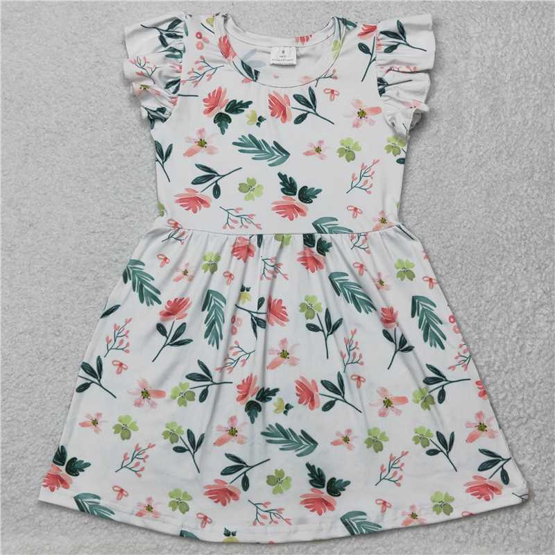 Pink flower blue leaves white flying sleeve dress 粉色花蓝色叶子白色飞袖裙