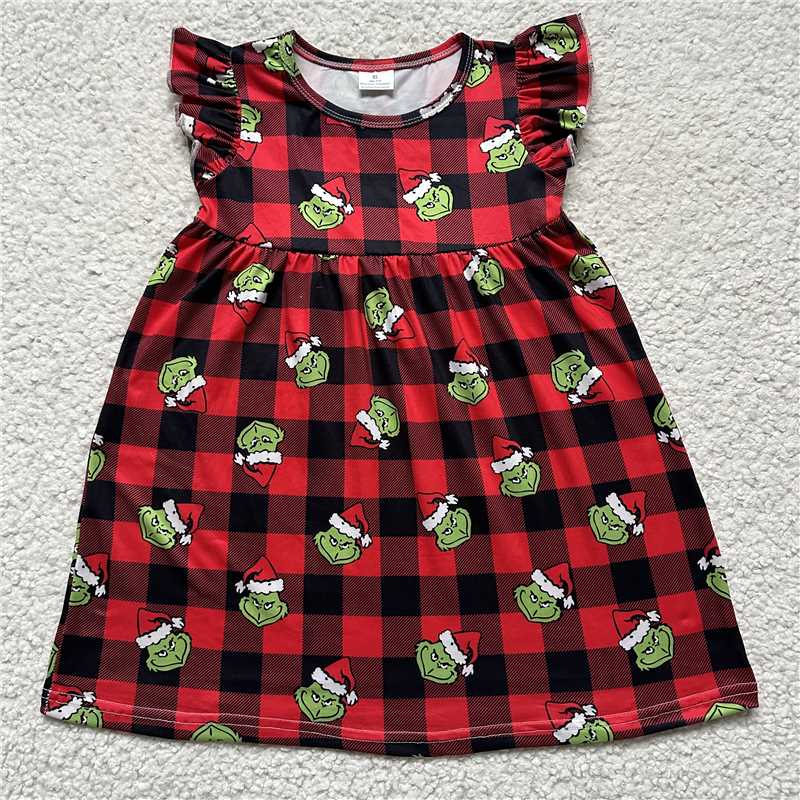 Green strange red plaid flying sleeve dress 绿怪红色格子飞袖裙