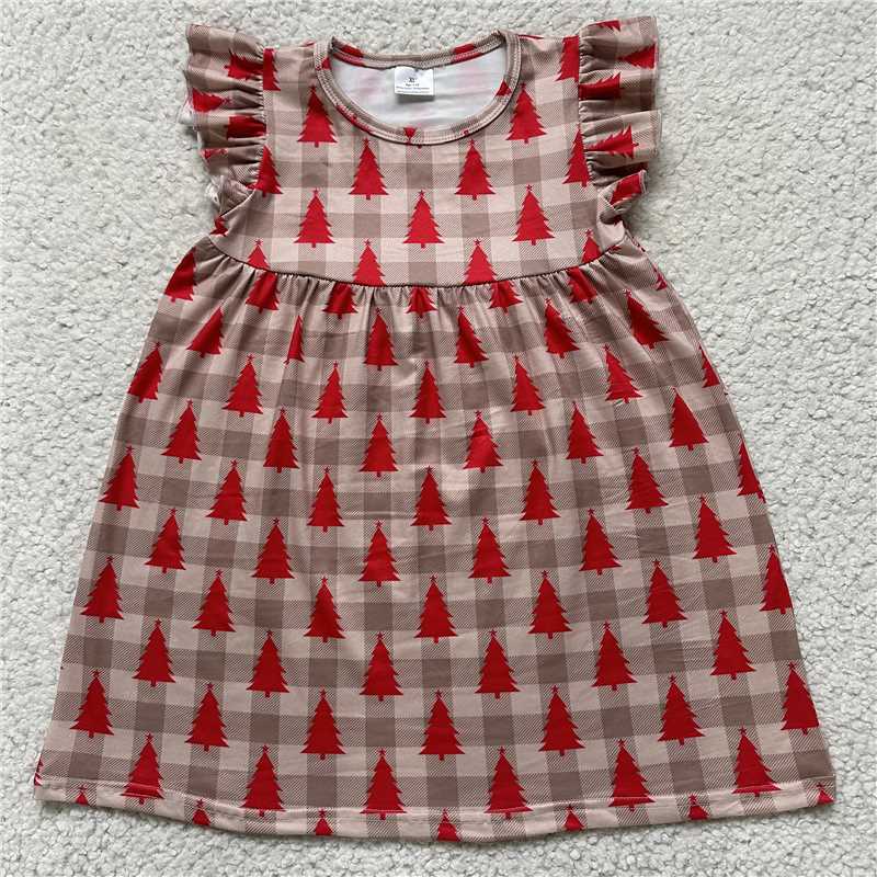 Red tree khaki plaid flying sleeve dress 红色树卡其色格子飞袖裙