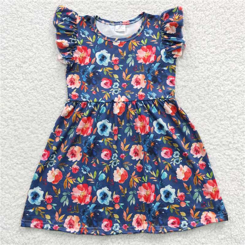 Blue and red flowers, navy blue flying sleeve dress 蓝红色花朵藏蓝色飞袖裙