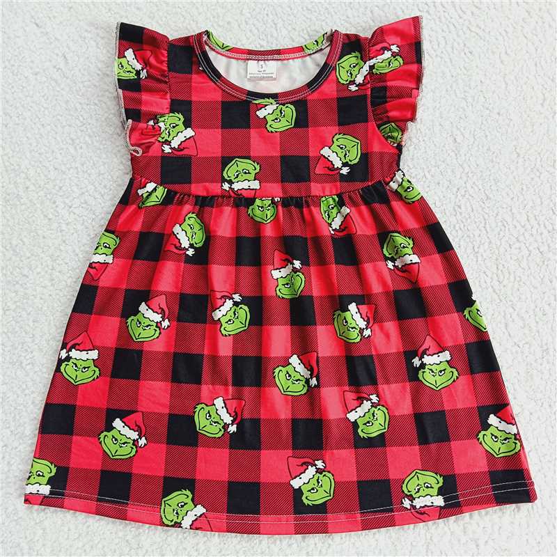 Green monster wearing hat, red and black plaid, flying sleeve dress 绿怪戴帽红黑格子飞袖裙