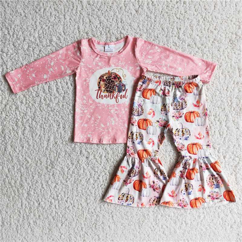 RTS NO MOQ(In Stock) 6 A2-3 Thankful Long Sleeve Pink Top Pumpkin Flared Pants Set