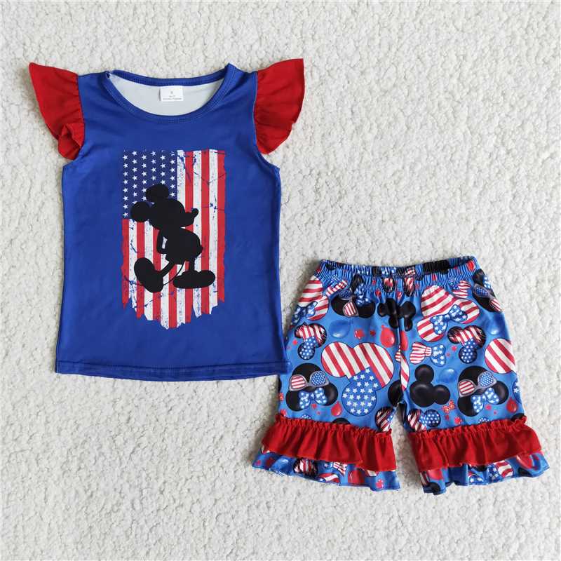 july 4th Star Mickey Blue Flying Sleeve Shorts Set