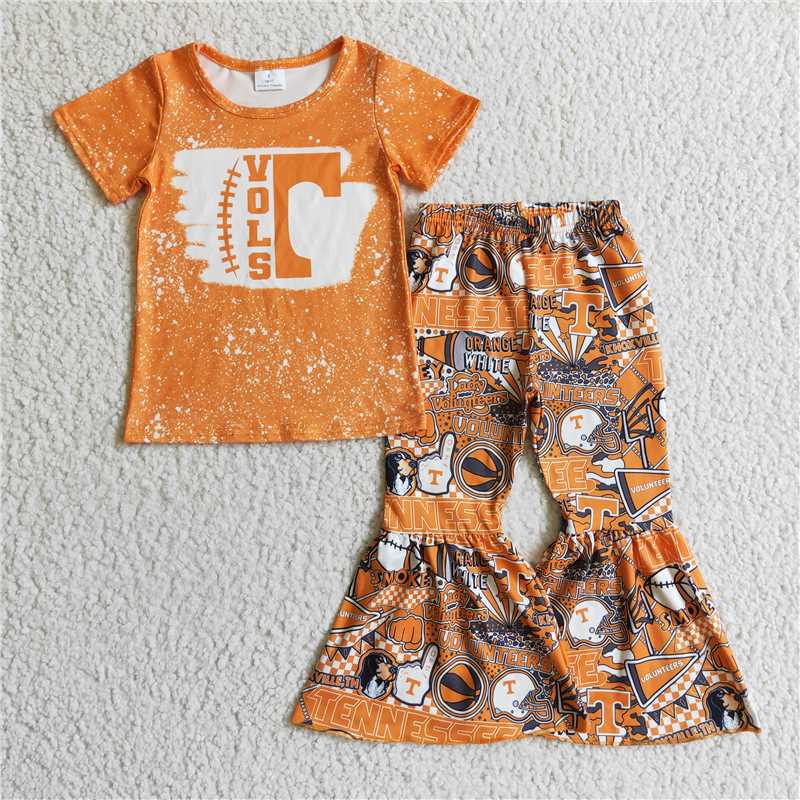 RTS NO MOQ Sibling baby girl clothes team orange Long Sleeve pant Set and short pants