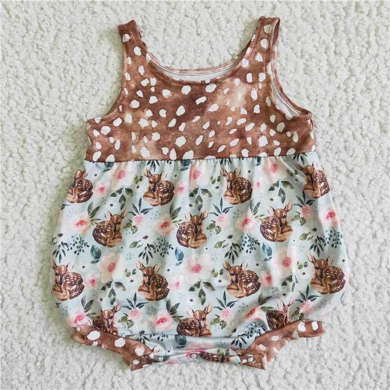 RTS GSD0035 SR0018 Girls Brown Bodysuit with Deer Pattern Girls Deer Brown Short Sleeve Floral Dress