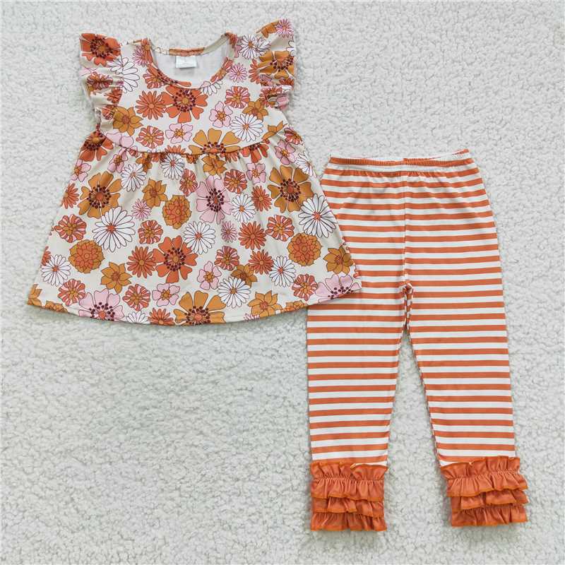 RTS NO MOQ Flower Halloween Pumpkin Outfit Romper Top Matching