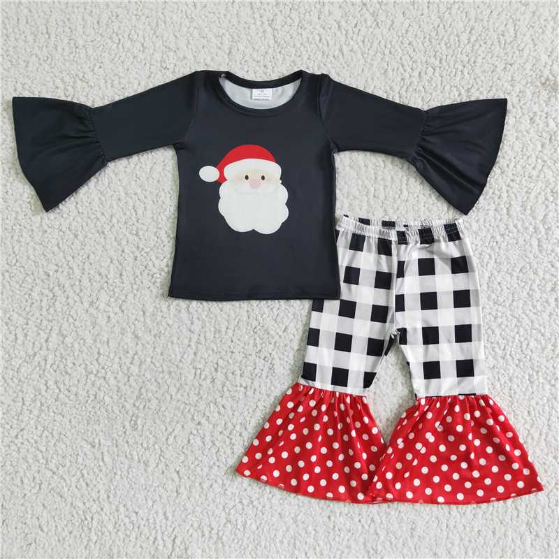RTS NO MOQ(In Stock) 6 A8-14 Christmas Black Bell Sleeve Top Plaid Polka Dot Flared Pants Set