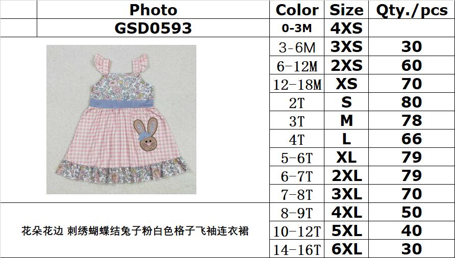 RTS NO MOQ ETA 5/7days Arrived GSD0593 Flower lace embroidered bow rabbit pink and white plaid flying sleeve dress