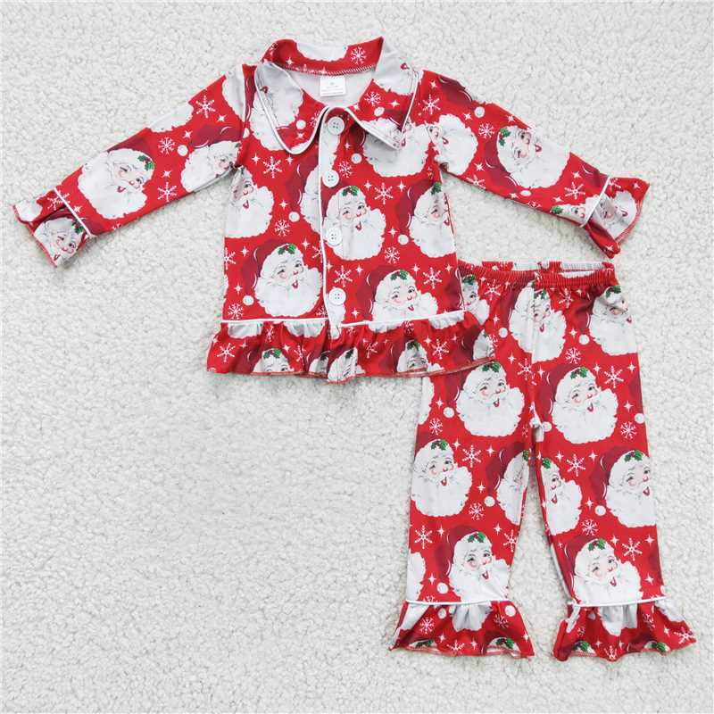 RTS NO MOQ 6 C8-40 6 C7-24 Boys Girls Red Christmas Button Long Sleeve Pajama Set