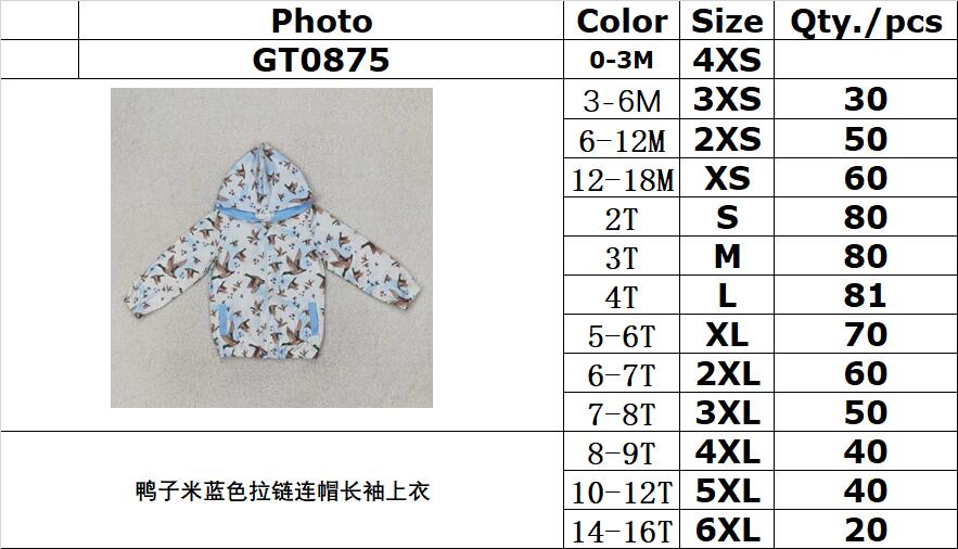 RTS NO MOQ GT0875 Duck beige blue zipper hooded long sleeve top