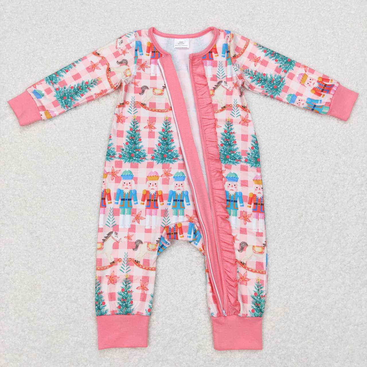 LR0665 Cartoon Soldier Nutcracker Plaid Pink Lace Zipper Long Sleeve Jumpsuit