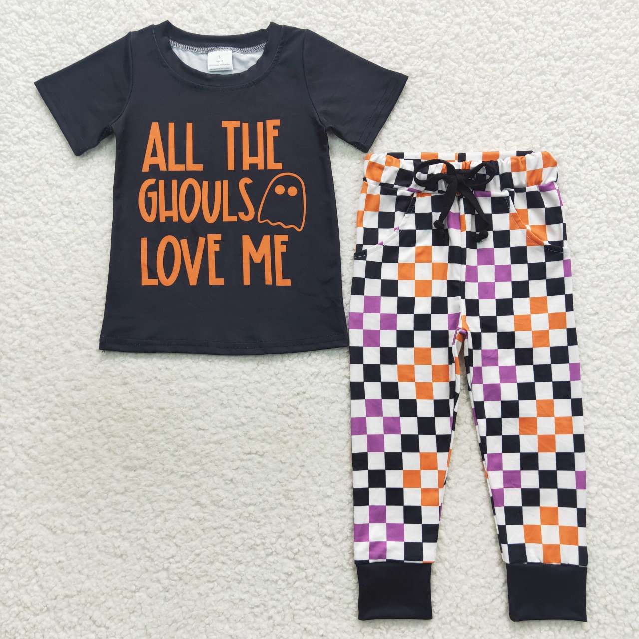 BSPO0160 all the ghouls love me letter ghost black short-sleeved plaid trouser suit