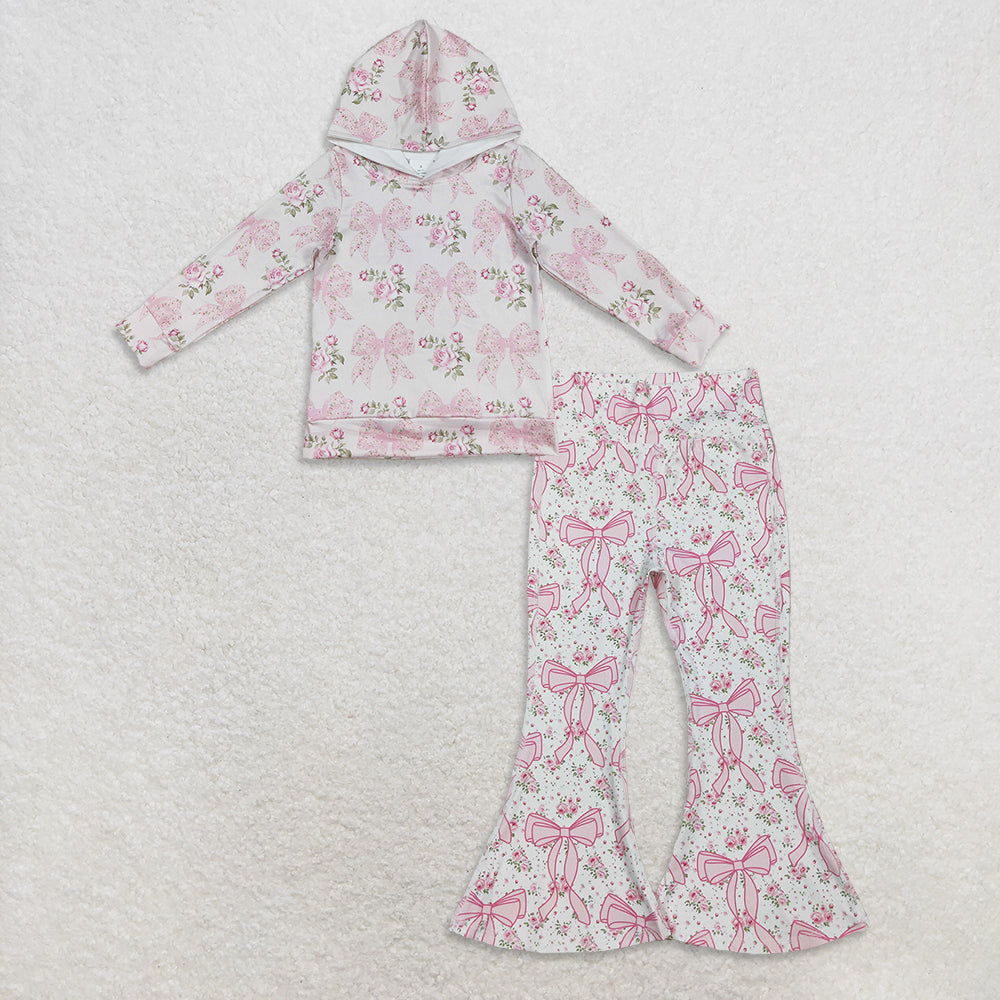 RTS NO MOQ(In Stock) GT1058+P0773 Pink hooded long-sleeved top with floral flower and bow pattern pants set