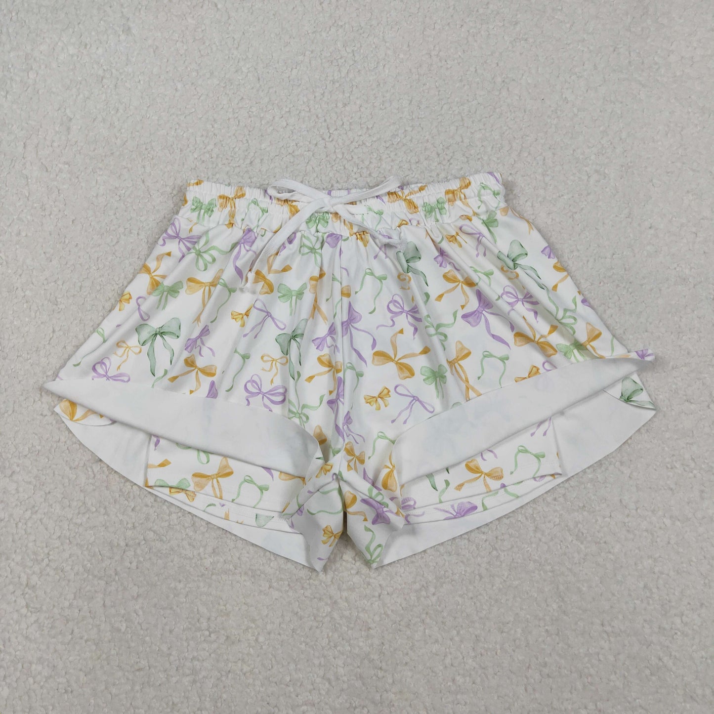 RTS NO MOQ(In Stock) SS0679 Adult Women's Carnival Bow Pattern White Yoga Shorts