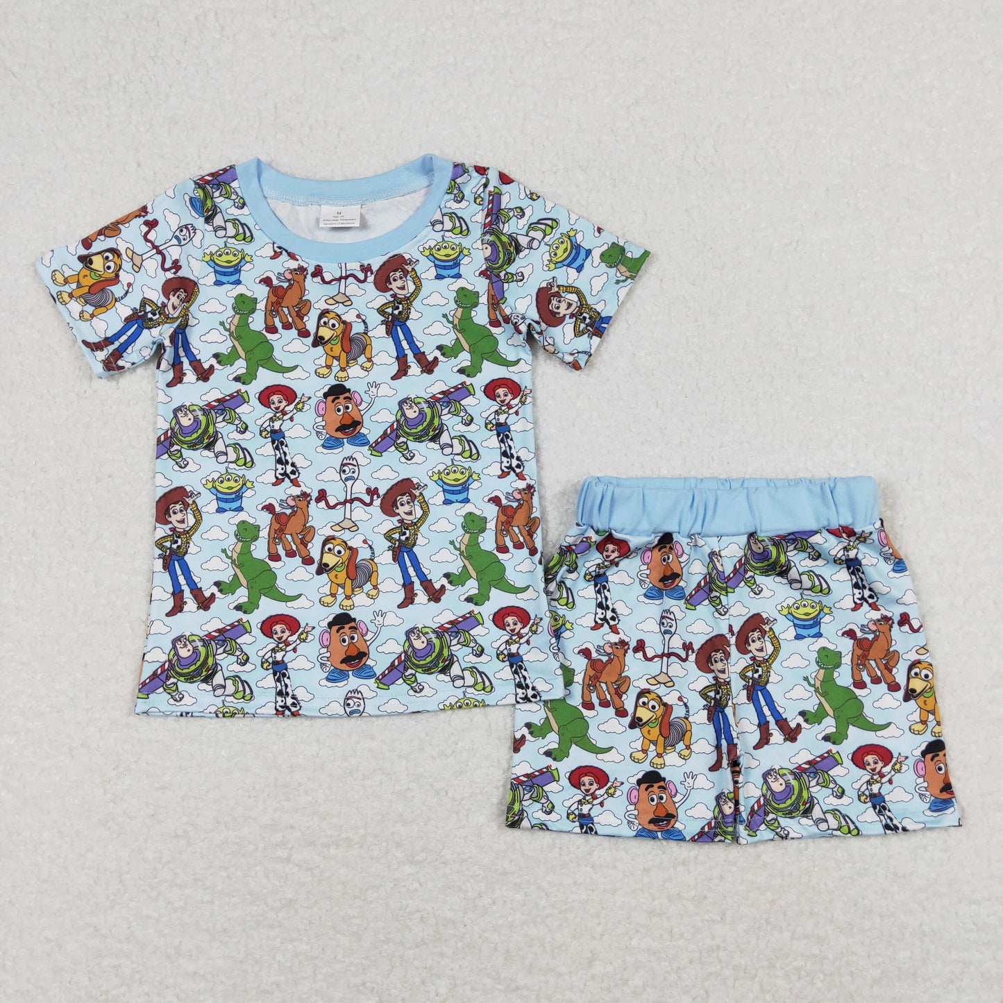 RTS NO MOQ(In Stock) Toy Story Cartoon White Cloud Blue Short Sleeve Shorts Pajama Set