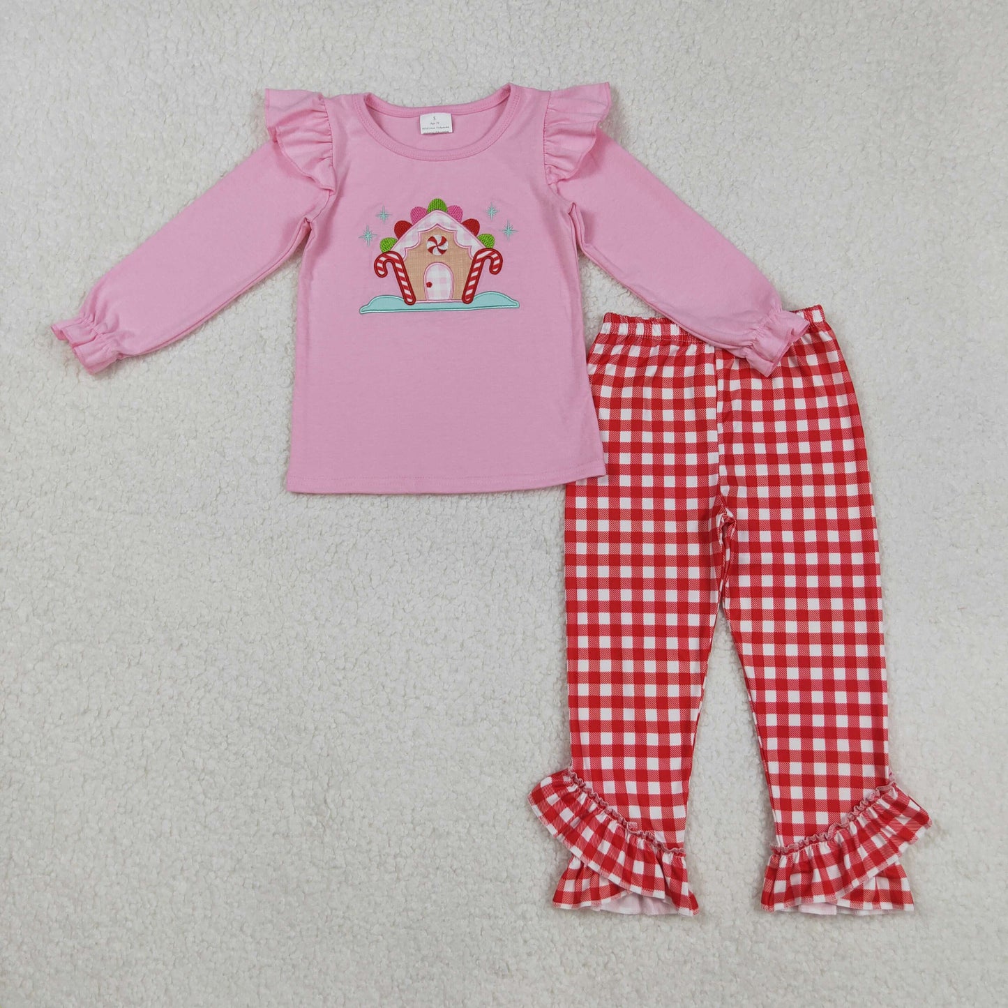 RTS NO MOQ(In Stock) GLP2523 Embroidered Christmas Candy Cane House Pink Long-Sleeve Red Plaid Pantsuit