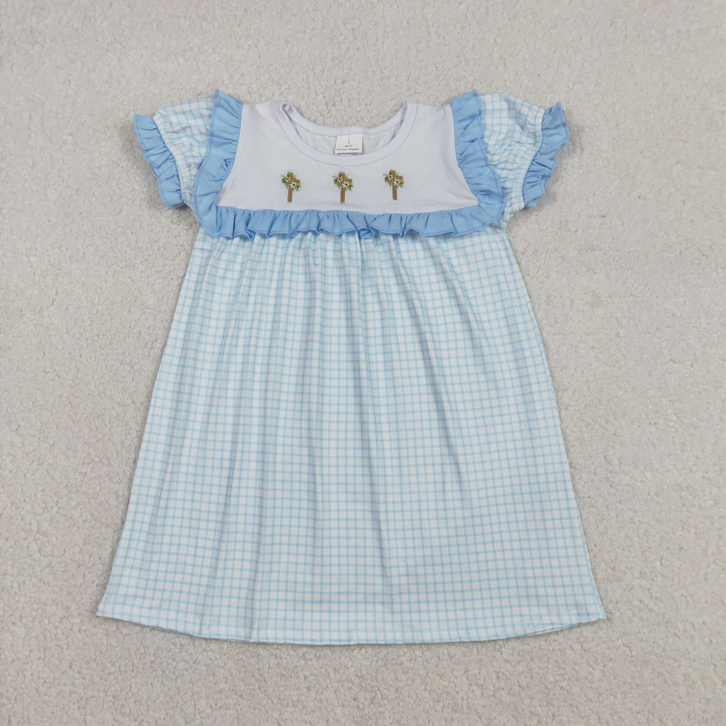 RTS NO MOQ(In Stock ) Embroidered Easter Cross Flower Blue Lace Plaid Short-Sleeve Dress