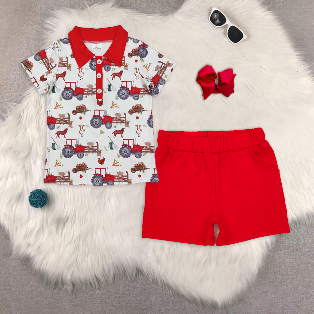 rts no moq BT1043+SS0270 bbay boy clothes short-sleeved top red shorts sets