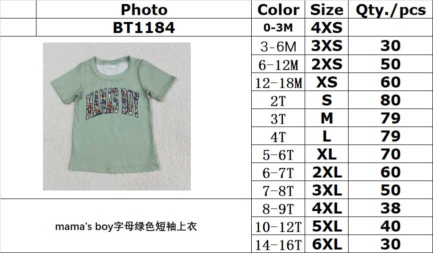 RTS NO MOQ BT1184 mama's boy green short-sleeved shirt with letters