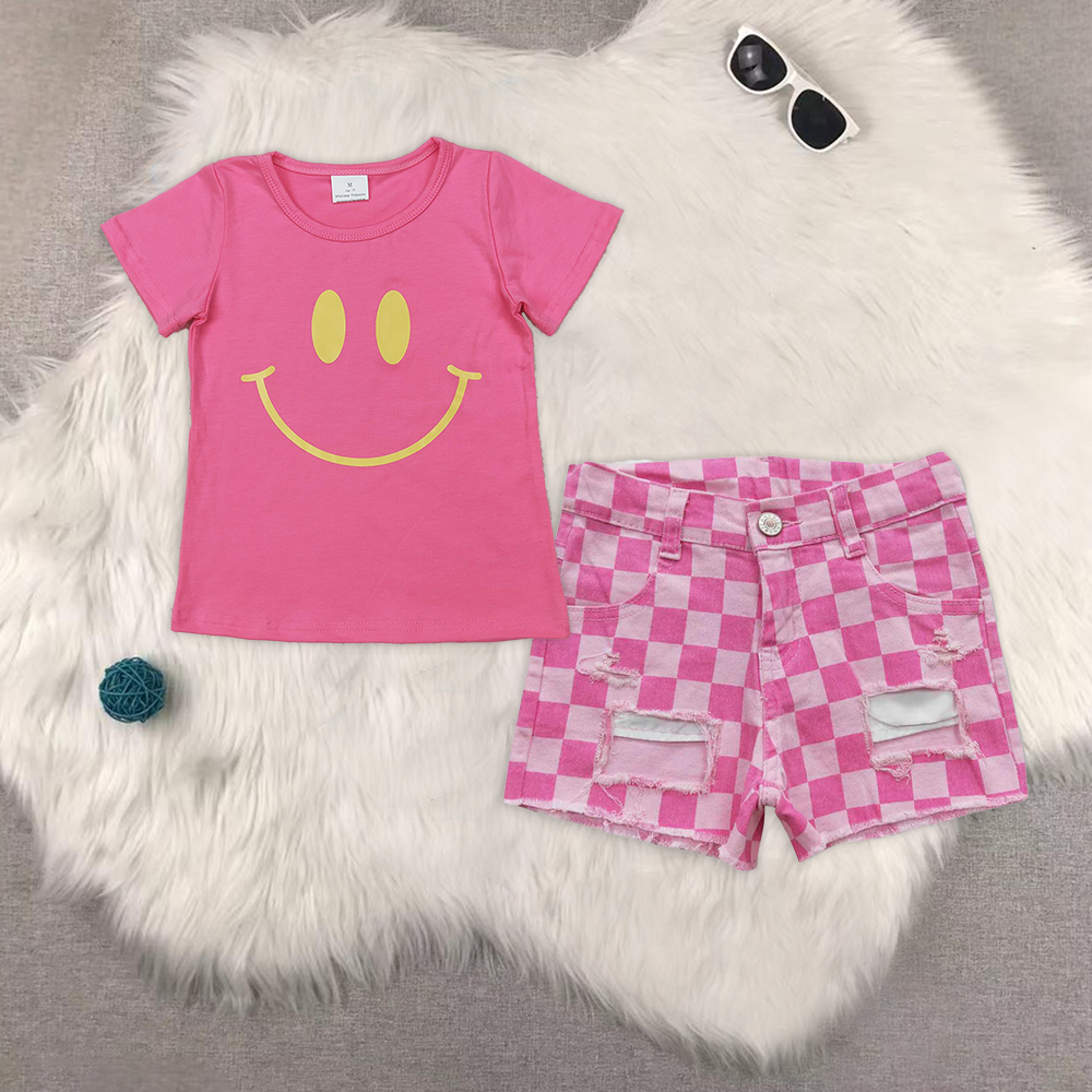 RTS NO MOQ GT0959+SS0092 Smiley pink short sleeve Pink Check Denim Shorts sets