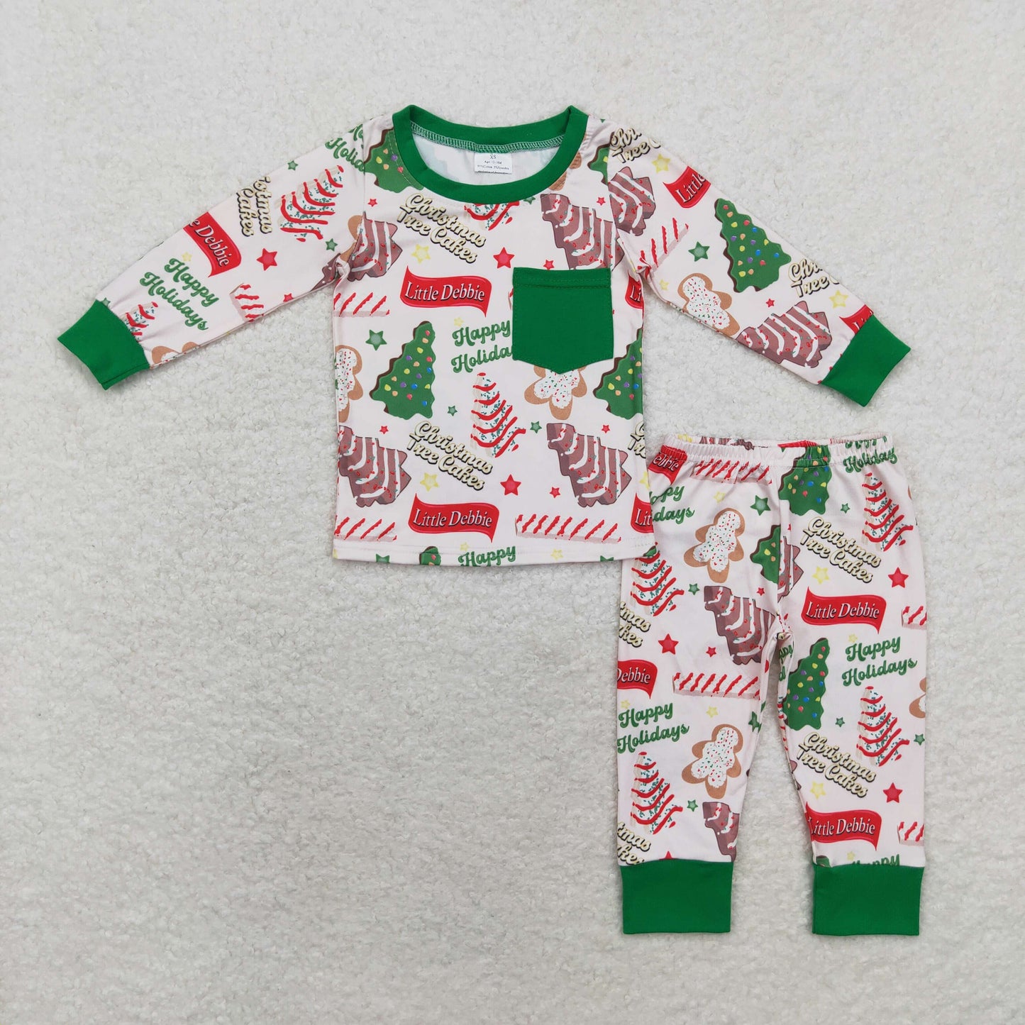 RTS NO MOQ(In Stock) BLP0506 happy holidays Christmas tree cookie green pocket long sleeve long pants pajama set