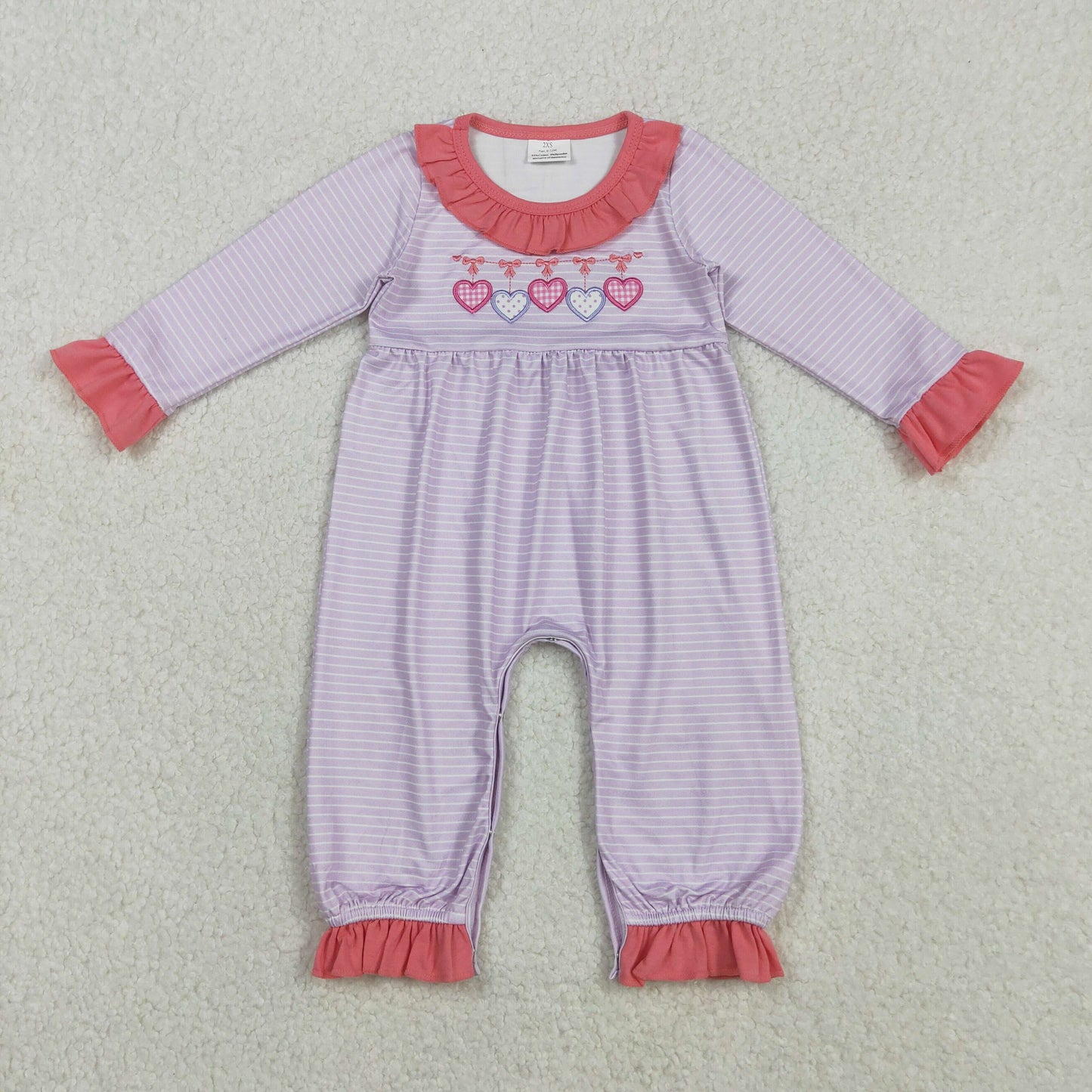 RTS NO MOQ(In Stock) LR2706 Embroidered Valentine's Day Heart-Patterned Purple Striped Long-Sleeved Jumpsuit