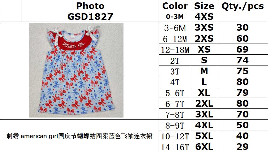 RTS NO MOQ ETA 5/7days Arrived GSD1827 Embroidery american girl national day bow pattern blue flying sleeve dress