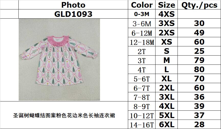 RTS NO MOQ GLD1093 Beige long-sleeved dress with pink lace and Christmas tree bow pattern