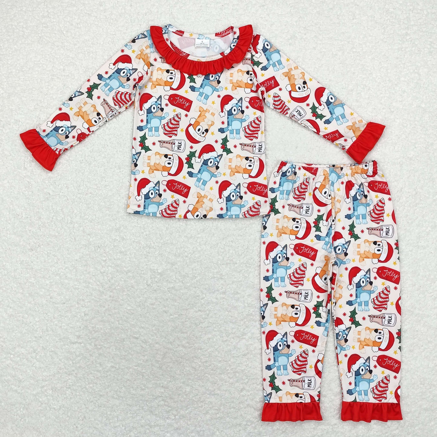 RTS NO MOQ(In Stock ) GLP1752 bluey Christmas milk cookie lace red and white long-sleeved trousers pajama set