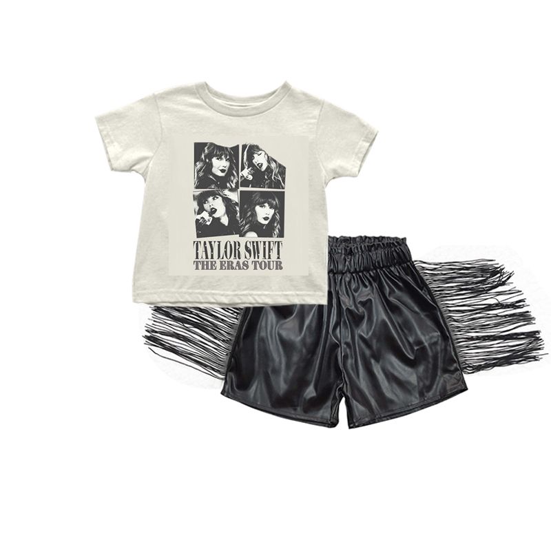 GT0435+SS0094 taylor swift beige short-sleeved black glossy leather fringed shorts suit
