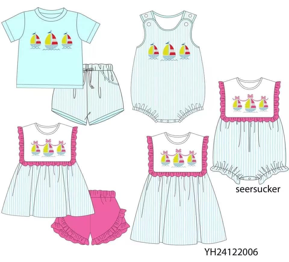 Custom summer baby girls clothes boat short sleeve shorts sets romper dress