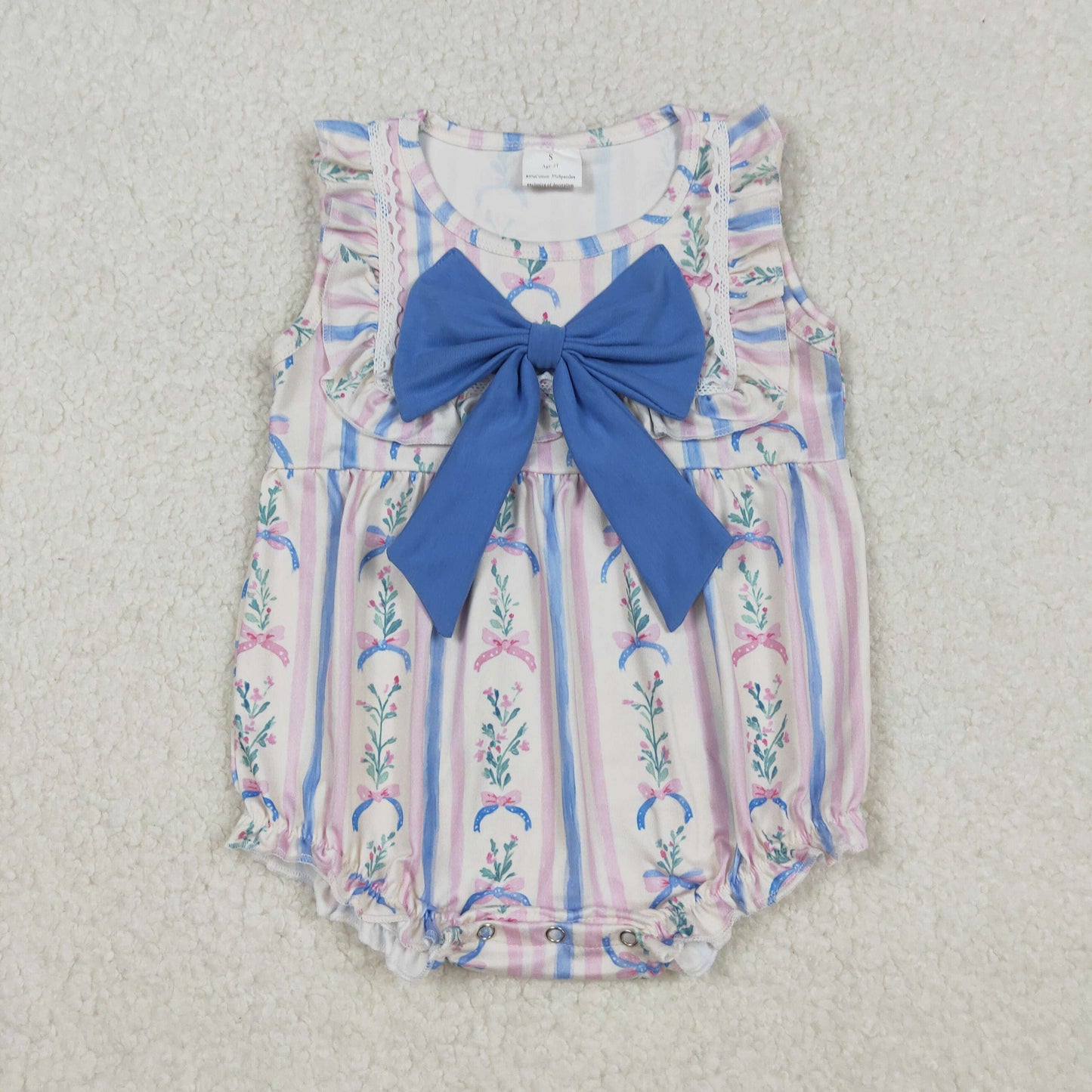 RTS NO MOQ(In Stock) SR3045 Powder Blue Bow Pattern Striped Floral Lace Sleeve Tank Bodysuit
