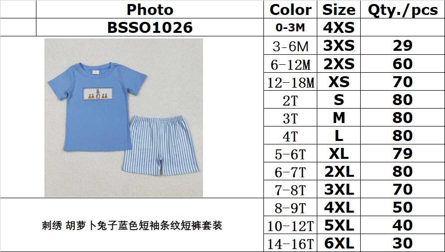 RTS NO MOQ ETA 5/7days Arrived BSSO1026 Embroidered carrot rabbit blue short-sleeved striped shorts set