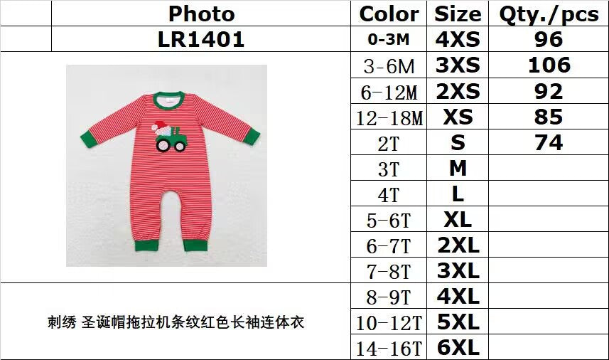 rts no moq LR1401 Embroidered Santa hat tractor striped red long-sleeved jumpsuit
