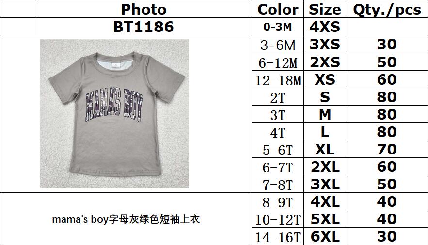 RTS NO MOQ BT1186 mama's boy lettered gray-green short-sleeved top
