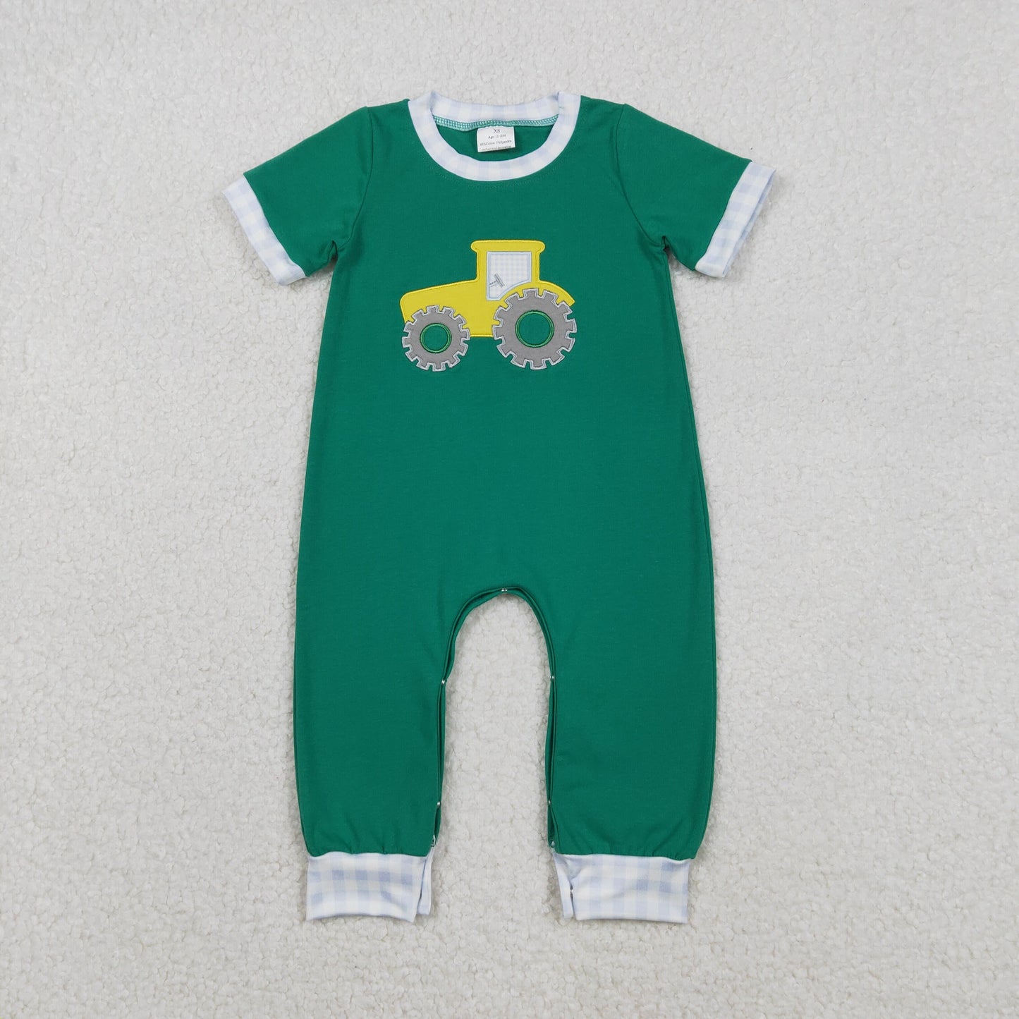RTS NO MOQ(In Stock) Embroidered Tractor Green Short-Sleeve Jumpsuit