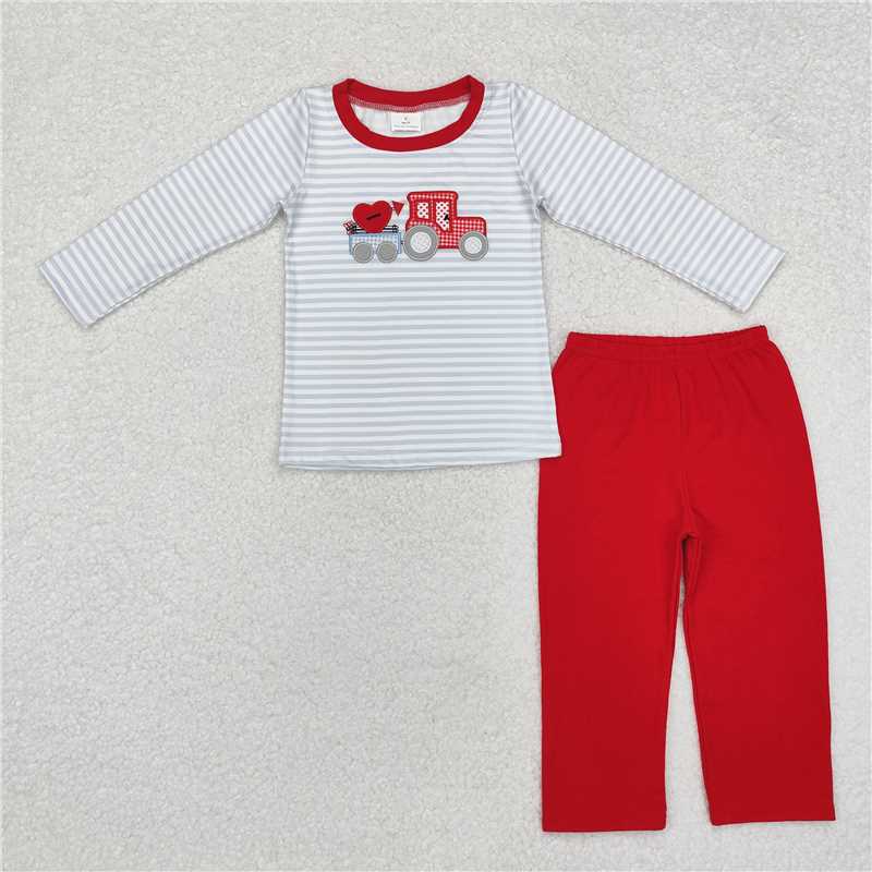 RTS NO MOQ(In Stock) BLP0932 Baby Boys embroidery valentine Top Pants Outfits Sets