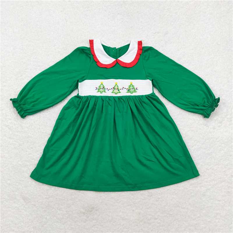 RTS NO MOQ(In Stock) GLD0559 smocked embroidered green long-sleeved dress