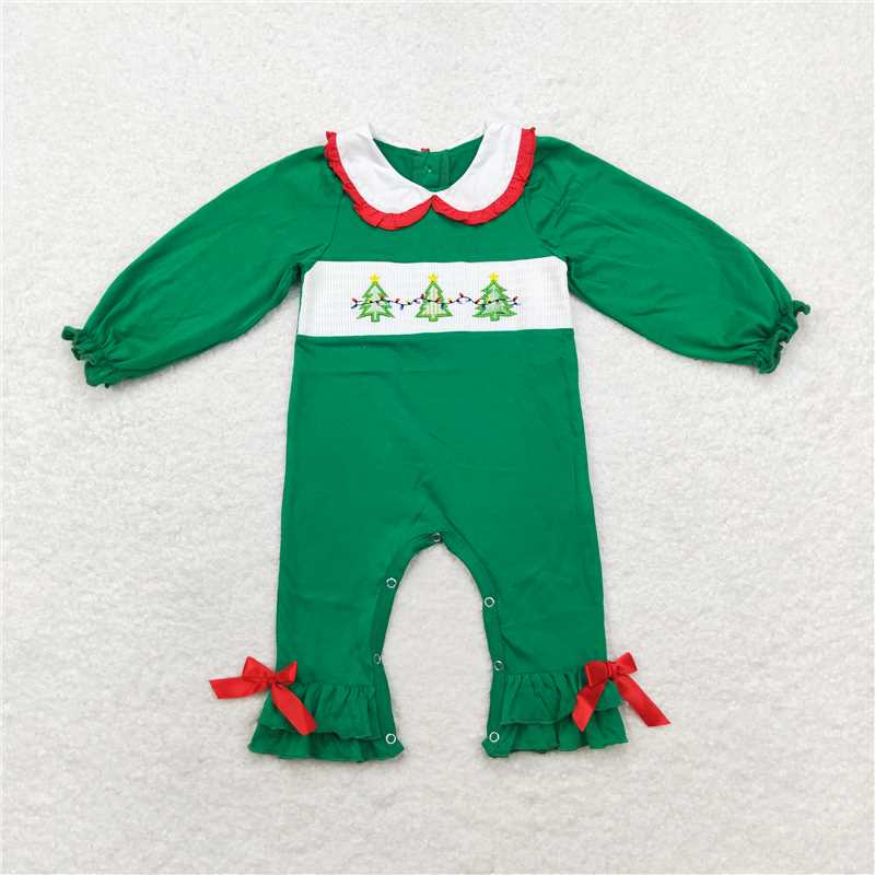 RTS NO MOQ(In Stock) LR1119 smocked embroidered Christmas long sleeve jumpsuit