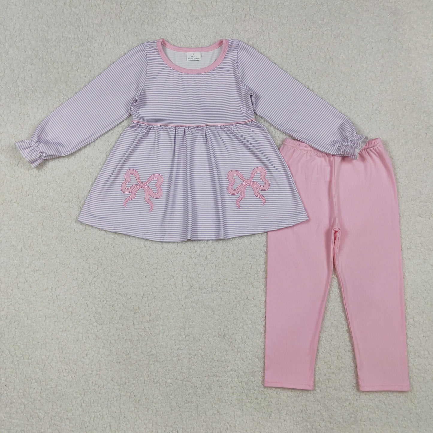 RTS NO MOQ(In Stock) GLP2696 Embroidery long-sleeved pantsuit with pink bow and purple stripes