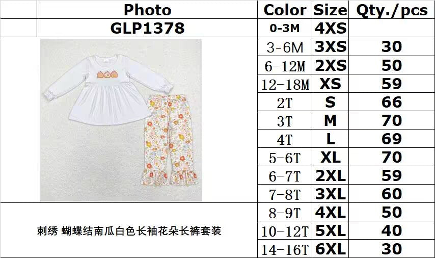 rts no moq GLP1378 Embroidered bow pumpkin white long-sleeved floral trousers set