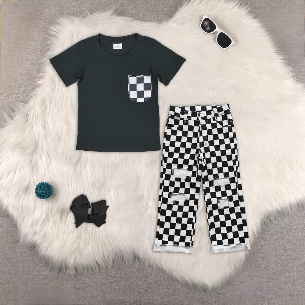 RTS NO MOQ ETA 5/7days Arrived BT0660+P0122 short-sleeved top Black and white plaid ripped denim pants sets