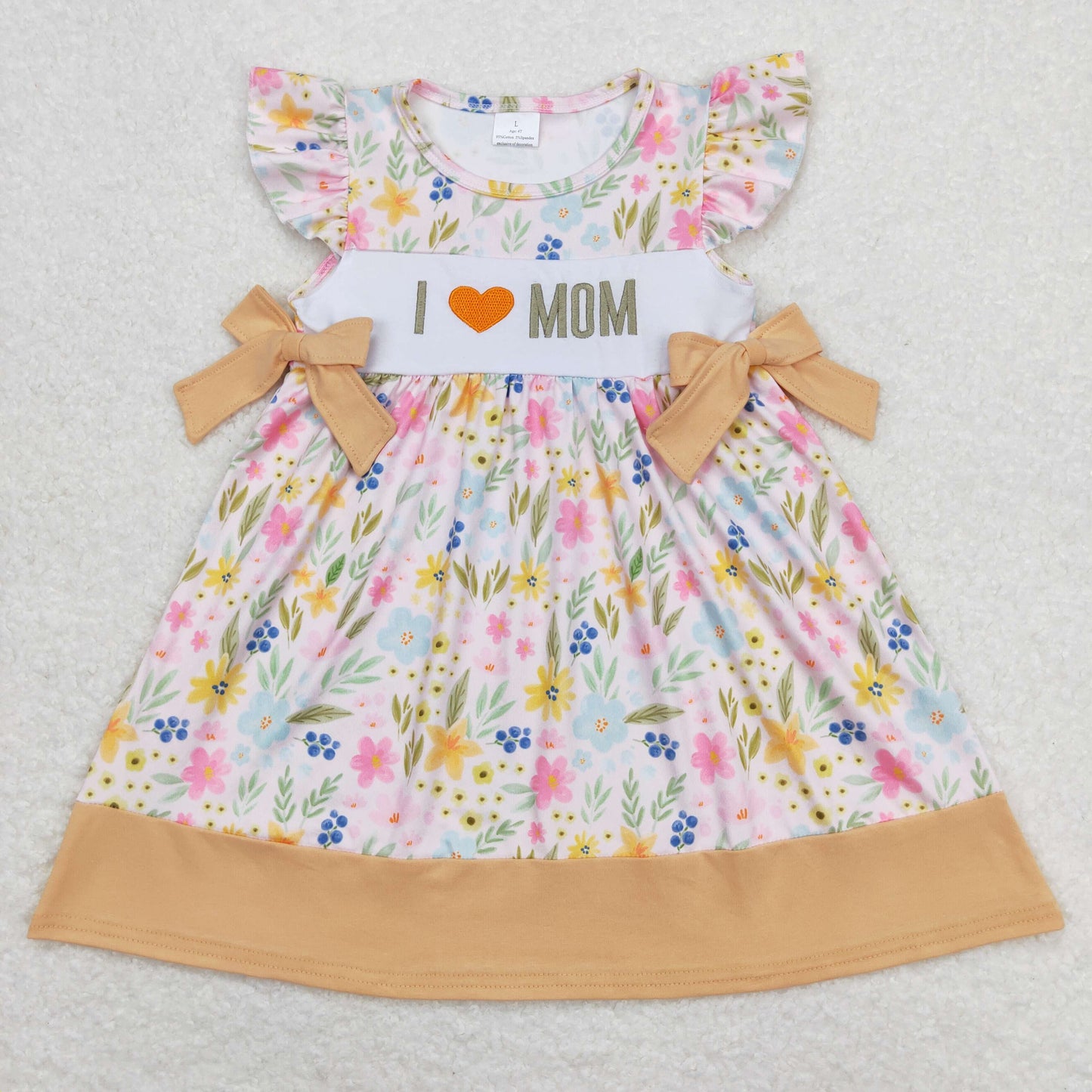 RTS NO MOQ(In Stock) I love mom embroidered floral floral bow flying sleeves dress