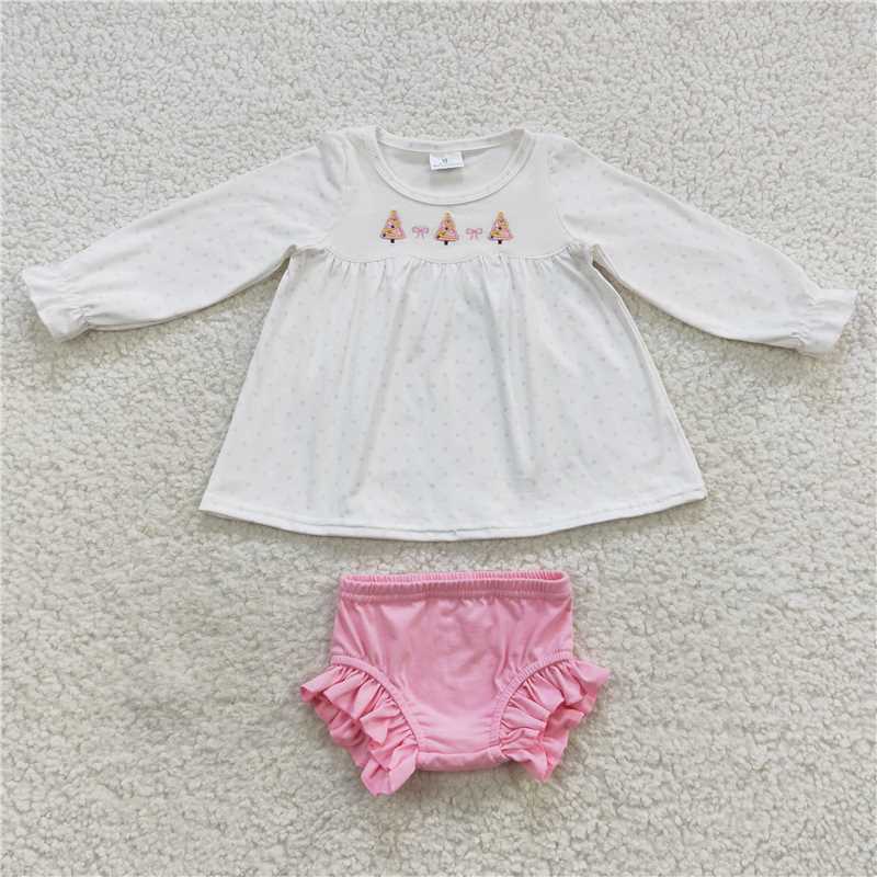 RTS NO MOQ(In Stock) GBO0165 Embroidery Christmas Long Sleeve Pink Briefs Set