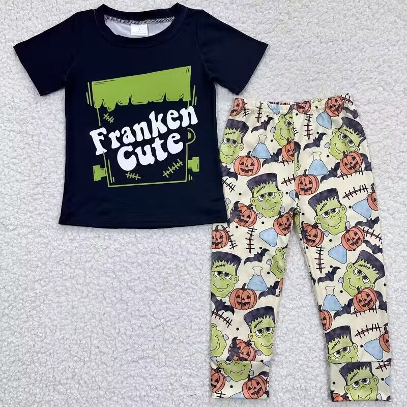 RTS NO MOQ Halloween cartoon characters Halloween Pumpkin Short Sleeve Pants Set