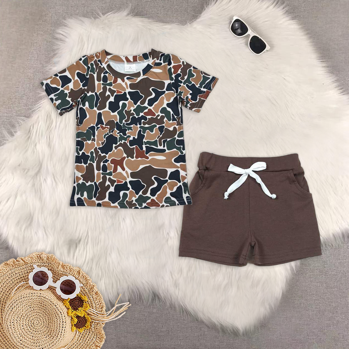 RTS NO MOQ BT0905+SS0134 baby boy clothes camouflage short-sleeved top Brown pocket shorts
