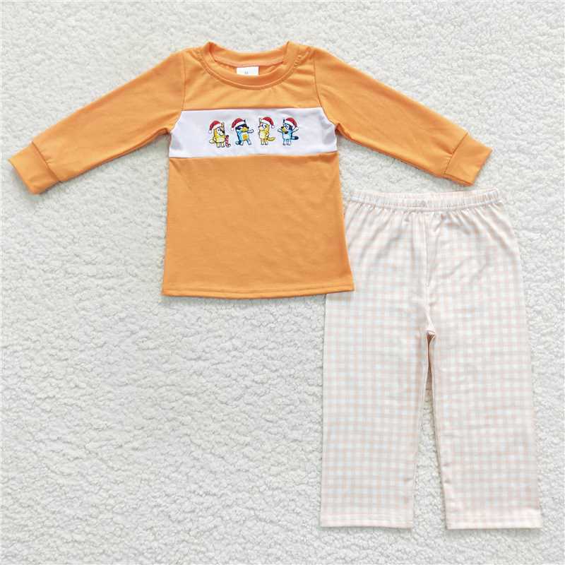 RTS NO MOQ(In Stock) BLP0282 Baby Boys Christmas embroidery cartoon Top Pants Outfits Sets