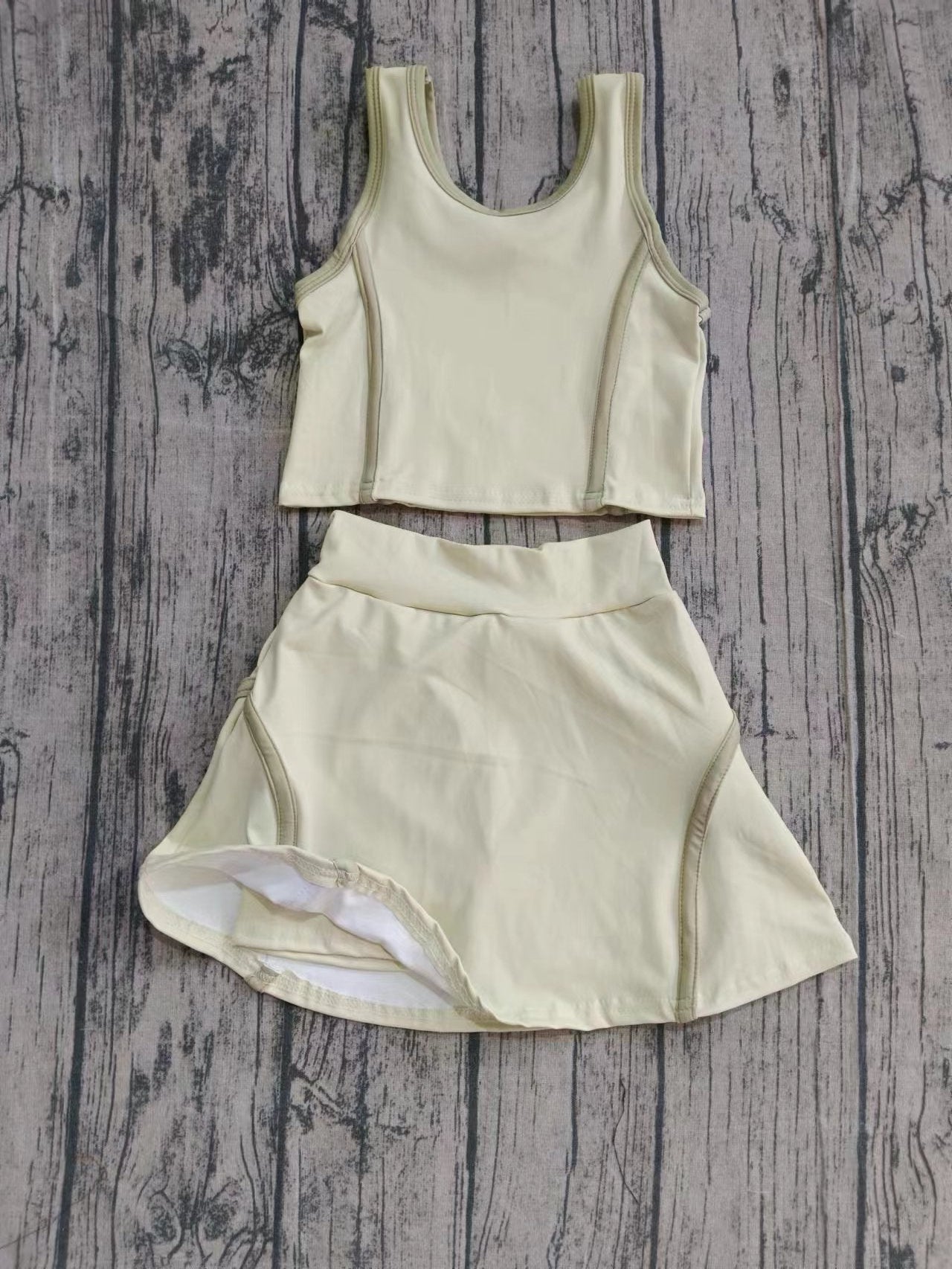 Custom moq 8 eta 6-8weeks baby girl clothes team beige sleeveless shorts skirt sets-25.9.26