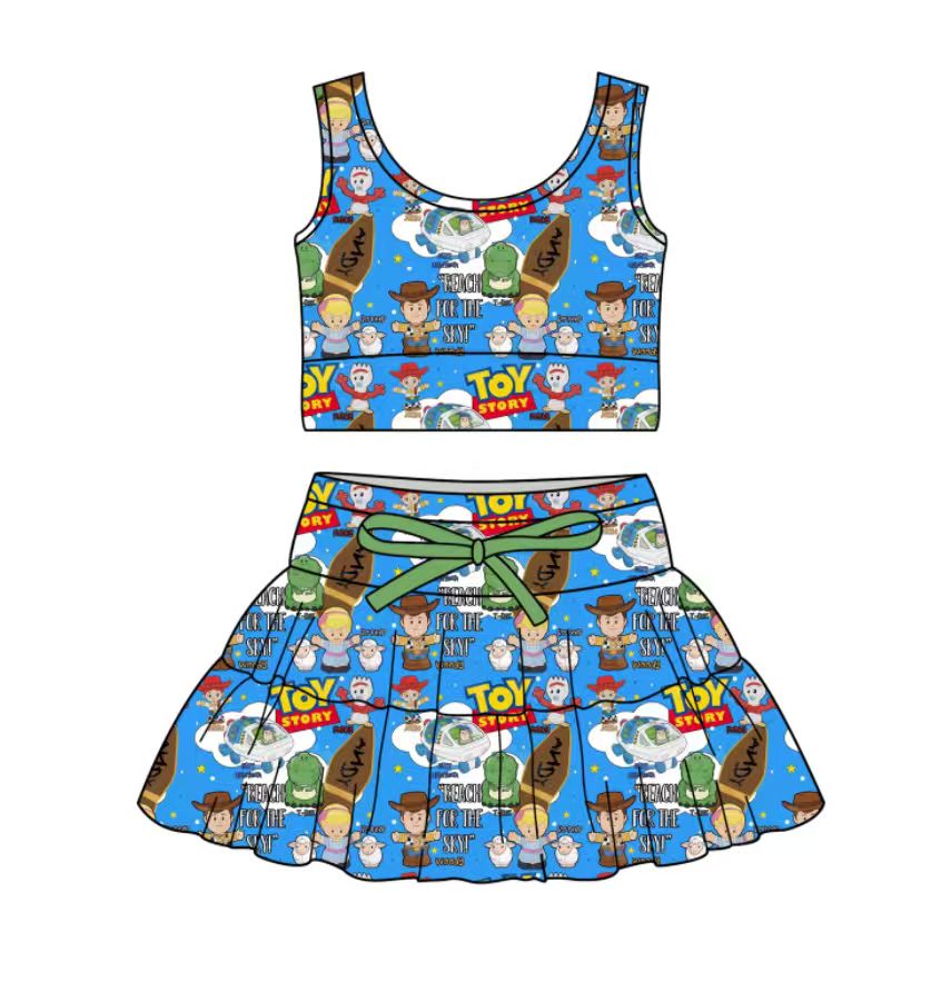 Custom moq 5 mix size milk silk baby girl clothes summer cartoon sleeveless skirts sets